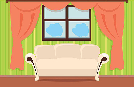 室内,插画,米色,沙发,褐色,地面,红色,帘,绿色,壁纸,窗户,现代,房间,设计,客厅,公寓,矢量