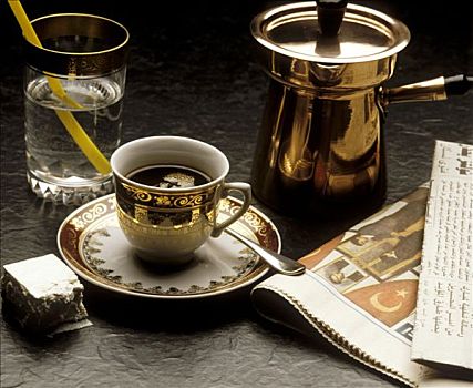 土耳其,摩卡咖啡,杯子,容器,水,报纸