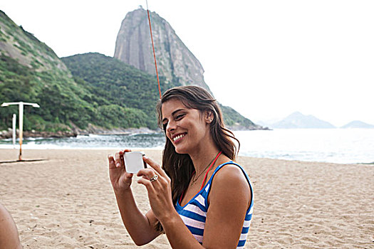 女人,拍照手机,海滩,里约热内卢,巴西