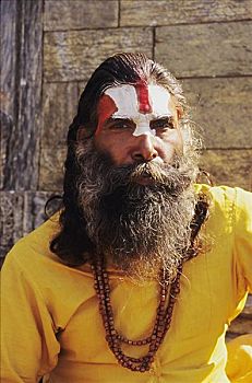 尼泊尔,加德满都,印度教,圣人,戴着,黄色,长袍,长发,脸绘