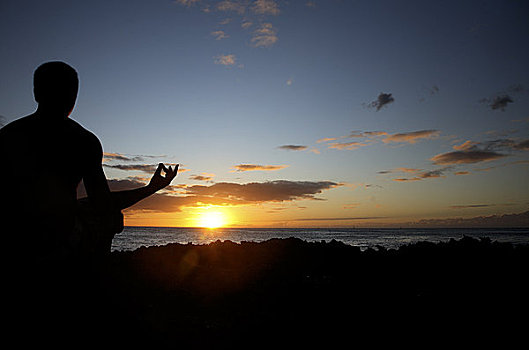 夏威夷,瓦胡岛,剪影,一个,男人,沉思,瑜珈,日落