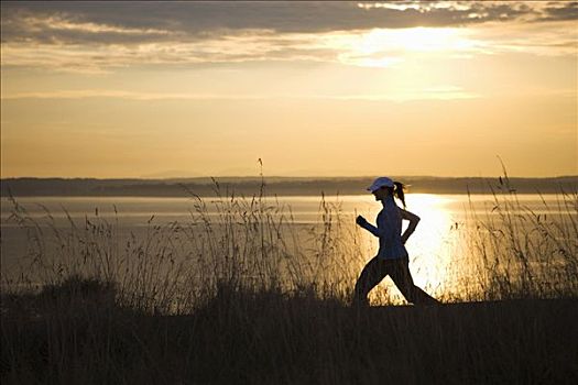 女人,跑,靠近,普吉特湾,西雅图,华盛顿,美国