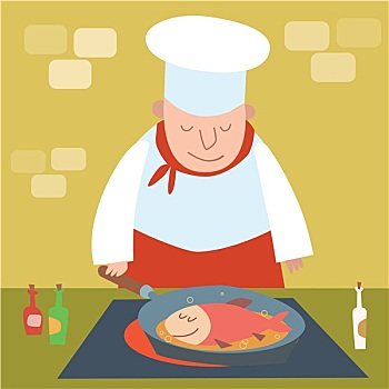 烹饪,鱼肉,油炸,厨师,餐馆,厨房,看,锅