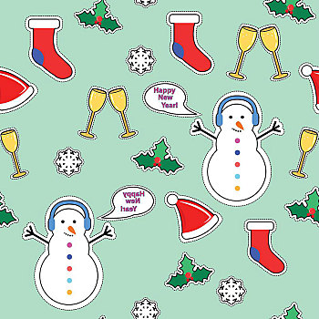 雪人,袜子,对话气泡框,槲寄生,雪花,香槟酒杯,无缝,图案,圣诞节,简单,卡通,设计,新年,概念,壁纸,无限,纹理,矢量
