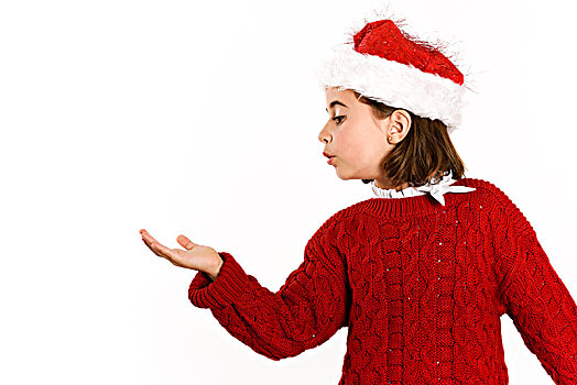 可爱,小女孩,戴着,圣诞帽,吹,手,白色背景,背景,冬服