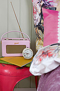 粉色,复古,无线电,闹钟,旧式,凳子,床上用品,大,花饰