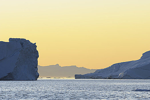 冰山,迪斯科湾,日落,雅各布港冰川,伊路利萨特,格陵兰