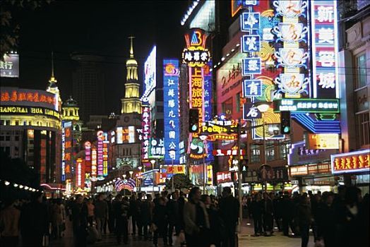 中国,江苏,上海,南京路,购物,区域,夜晚,标识,一堆