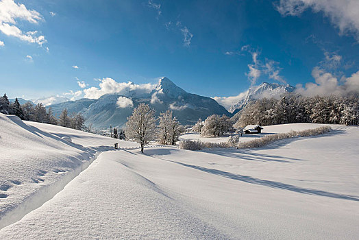 冬季风景,风景,瓦茨曼山,右边,国家公园,贝希特斯加登地区,上巴伐利亚,巴伐利亚,德国,欧洲