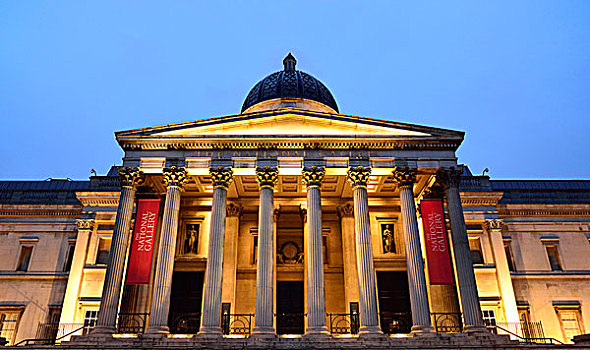 国家美术馆,蓝色,钟点,特拉法尔加广场,伦敦,英格兰,英国,欧洲