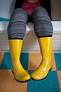 穿,黄色,雨鞋