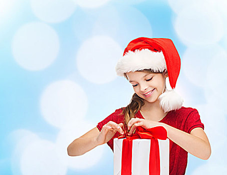 休假,礼物,圣诞节,孩子,人,概念,微笑,女孩,圣诞老人,帽子,礼盒,上方,蓝色,背景