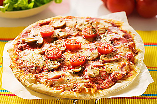 西红柿,火腿,蘑菇,比萨饼