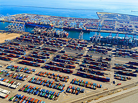 航拍,货箱,港口,佩特罗,洛杉矶,靠岸,等待,装载,商业,货运,船坞