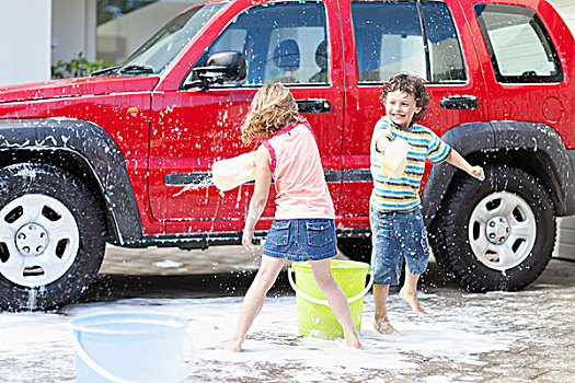 孩子,玩,洗,汽车