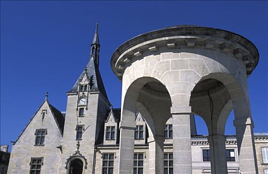 法国,阿基坦,广场,市政厅,15世纪,喷泉,蓝天