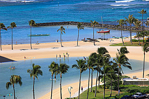 夏威夷,瓦胡岛,怀基基海滩,泻湖,海滩,航拍