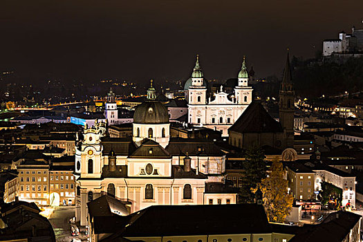 城市,萨尔茨堡大教堂,教区教堂,夜景,萨尔茨堡,奥地利,欧洲