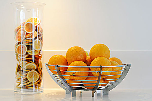 橘子,不锈钢,碗,橙子片,圆柱形,玻璃,罐