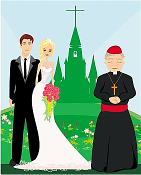 婚礼,情侣,牧师,正面,教堂