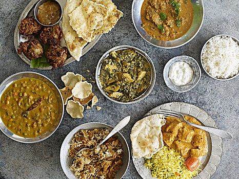 印度,自助餐,面包,米饭,多样,餐具