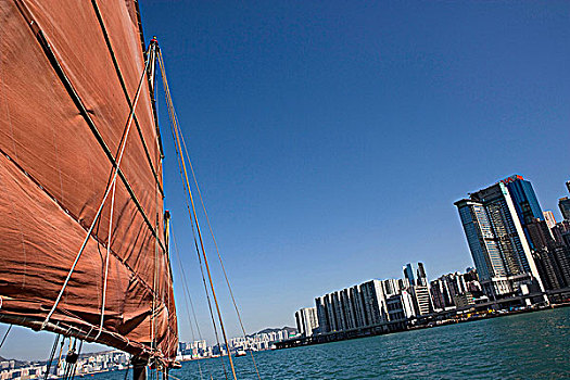 中国帆船,维多利亚港,北方,指示,天际线,背景