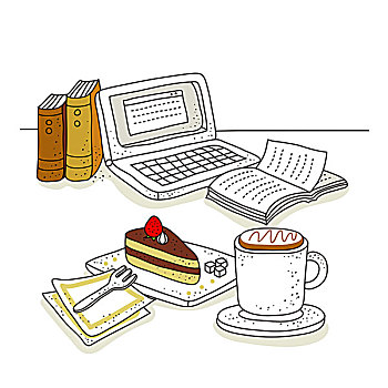 插画,笔记本电脑,块,糕点,咖啡