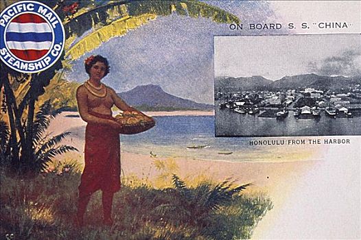 夏威夷,瓦胡岛,钻石海岬,背景,太平洋,邮件,汽船,明信片