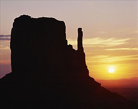 剪影,手套山,日落,纪念碑谷,亚利桑那,美国