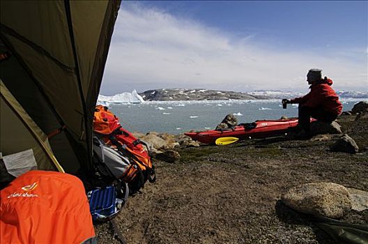 皮划艇手,露营,冰山,东方,格陵兰