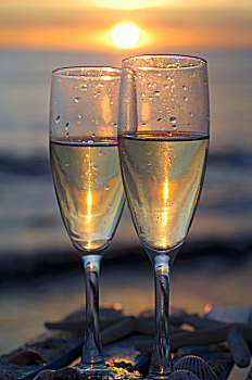 两个,玻璃杯,汽酒,海洋,夕阳