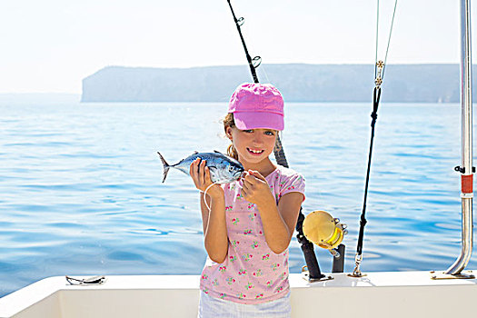 孩子,小女孩,钓鱼,船,拿着,小,金枪鱼,鱼