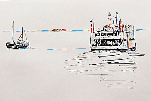 渡轮,北弗里西亚群岛,石荷州,德国北部,绘画,艺术家