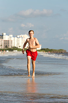 青少年,享受,慢跑,海滩