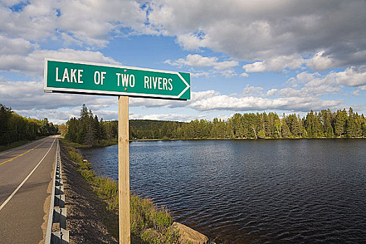 路标,湖,两个,河,阿尔冈金省立公园,安大略省,加拿大