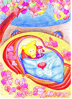 儿童插画,猪,小女孩,彩色的树叶,童话