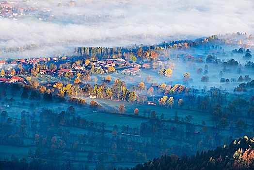 晨雾,上方,风景,兰格丽斯,上巴伐利亚,巴伐利亚,德国