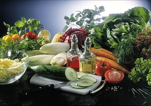 静物,沙拉,蔬菜,药草,醋,油