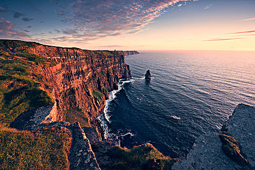 莫赫悬崖,红色,光亮,夕阳,爱尔兰