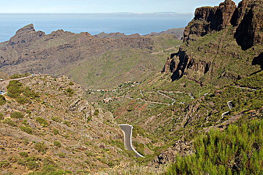 蜿蜒,道路,山村,山,特内里费岛,加纳利群岛,西班牙