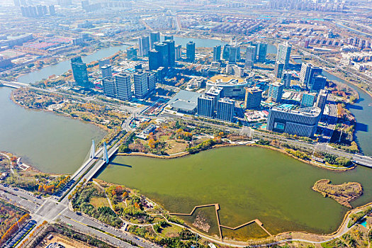 航拍河南郑州中原龙子湖智慧岛,龙子湖湖心岛