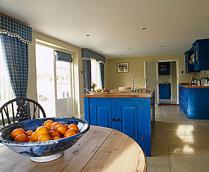 乡村风格,厨房,蓝色,涂绘,柜厨,餐桌