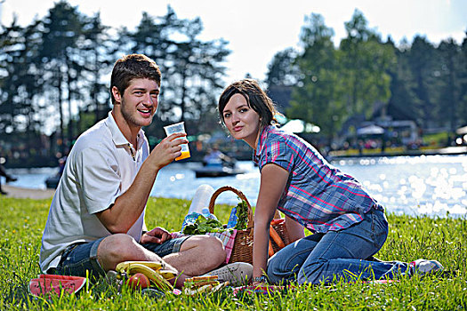 高兴,年轻,浪漫,情侣,相爱,野餐,户外,夏天