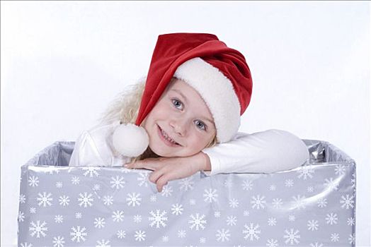 女孩,坐,圣诞礼物,盒子,戴着,圣诞帽
