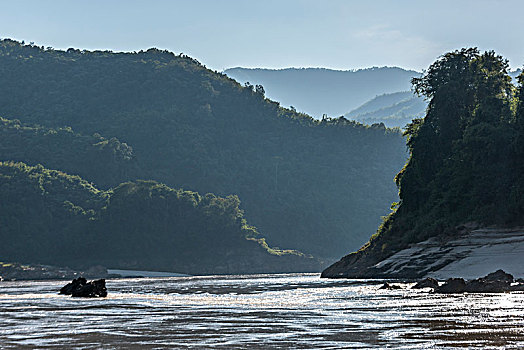 风景,河,山脉,背景,湄公河,老挝