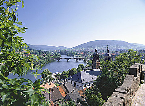 德国,巴伐利亚,米尔顿堡,城堡,风景,城市全貌,尖顶,河,城市,墙壁,俯视,水,河床,桥,石桥,教堂
