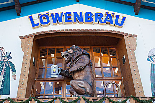 雕塑,狮子,啤酒大杯,入口,啤酒城,啤酒帐篷,慕尼黑,巴伐利亚,德国