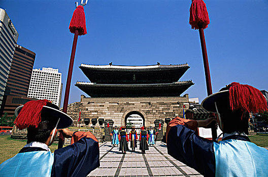 韩国,首尔,南门,仪式,换岗,正面,大门