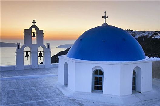 白色,希腊,教堂,蓝色,圆顶,钟楼,日落,锡拉岛,基克拉迪群岛,欧洲
