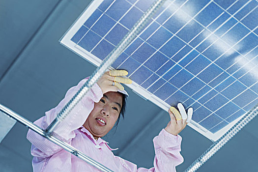 女工,太阳能电池板,装配,工厂,太阳能,山谷,中国